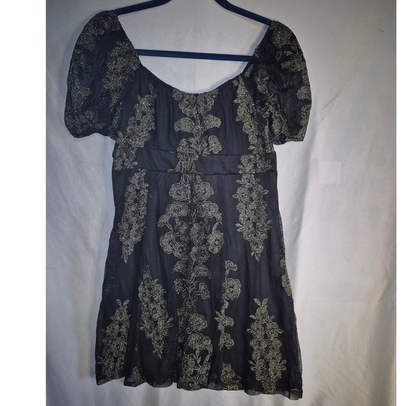 Black Gold Floral Applique Mesh Blouse Party Top Elegant Ladies - Picture 1 of 6